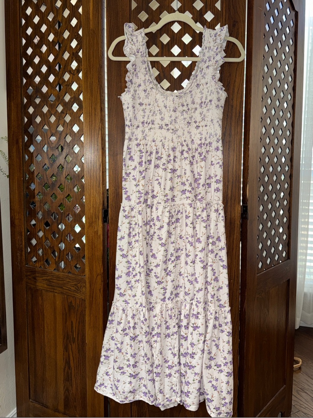 LoveShackFancy Lavender Floral Ruffled Smocked Maxi Dress 100% cotton